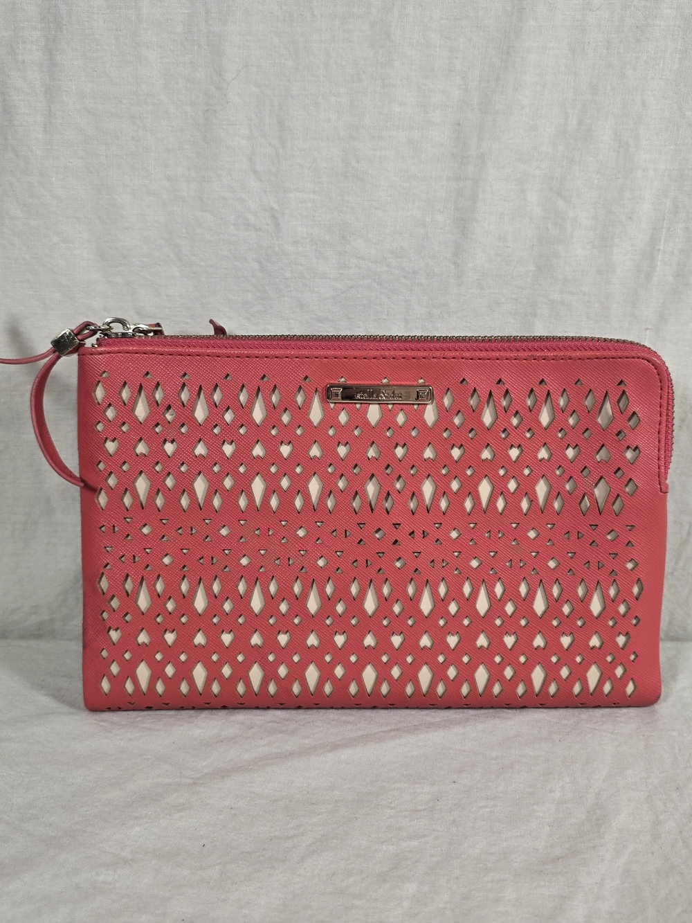 Stella & Dot Coral Laser Cut Double Zip Wallet Clutch